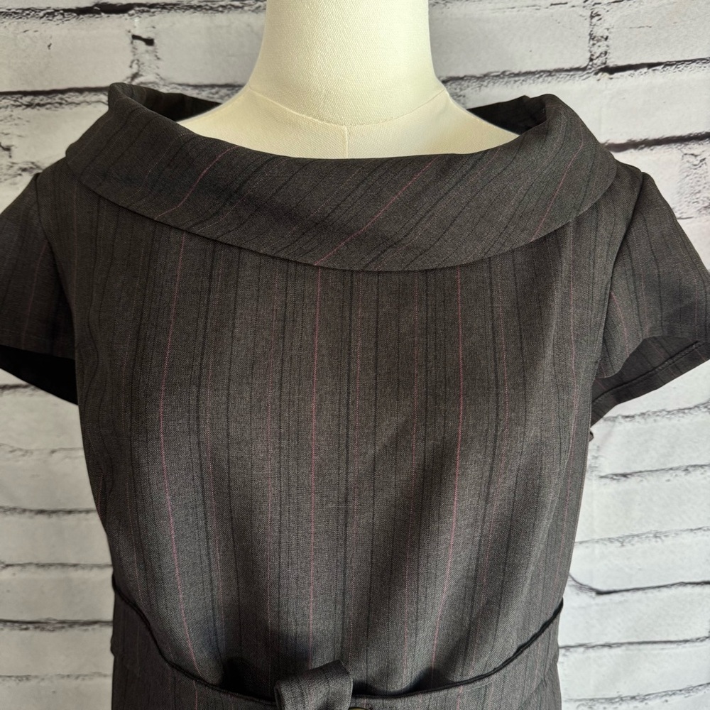 Karin Stevens Gray Pinstripe Sheath Dress Tie Waist Career Office Size 14 - Picture 2 of 16